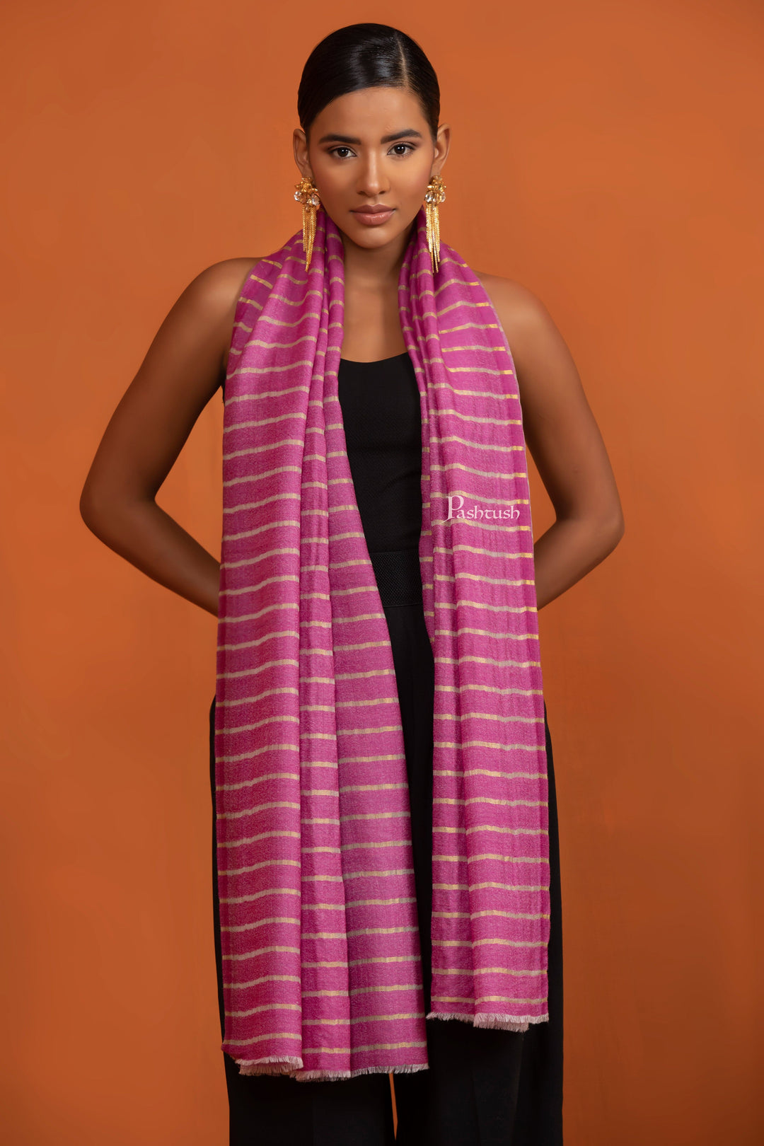 Pashtush India Gift Pack Pashtush His And Her Gift Set Of Striped Twilight Stoles With Premium Gift Box Packaging, Sombre Beige And Deep Pink