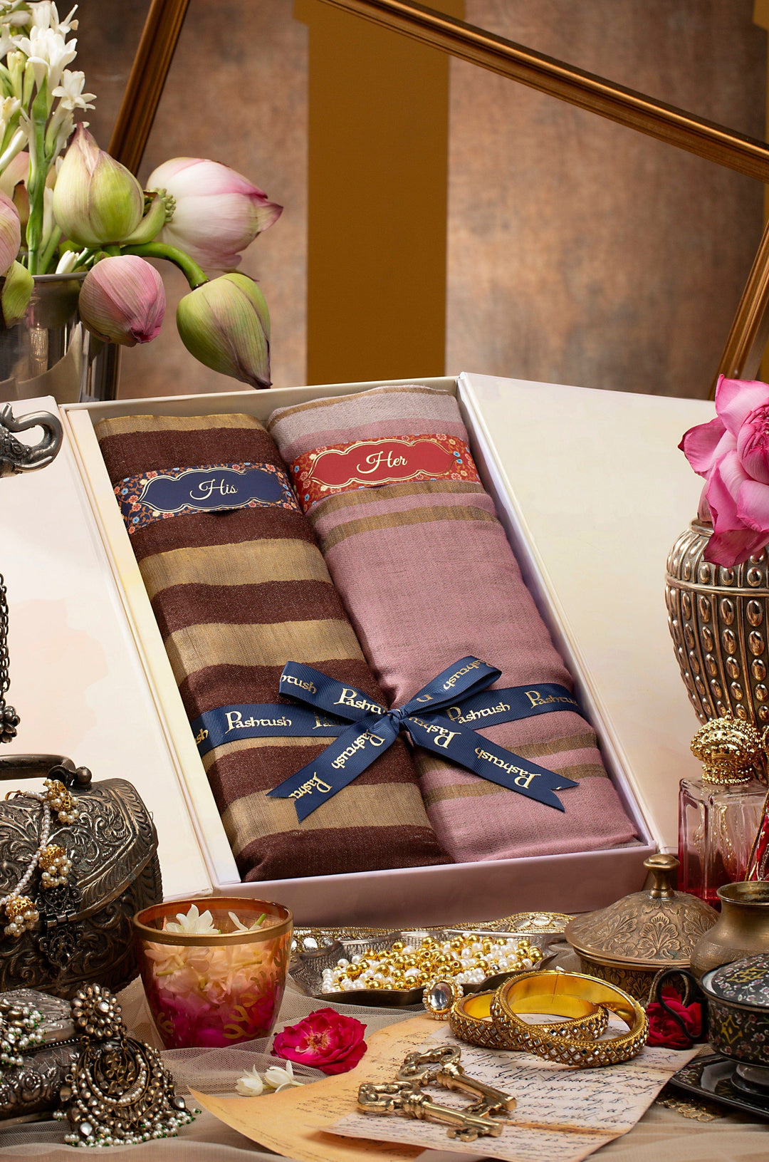 Pashtush India Gift Pack Pashtush His And Her Gift Set Of Twilight Stoles With Premium Gift Box Packaging, Espresso And Pink