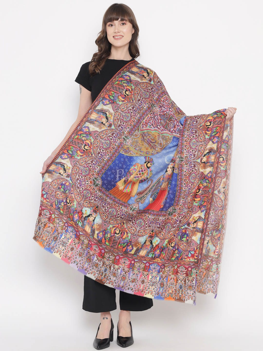 Pashtush India Gift Pack Pashtush His And Her Set Of 100% Pure Wool Printed Stole and Shawl With Wooden Chester Box, Multicolour