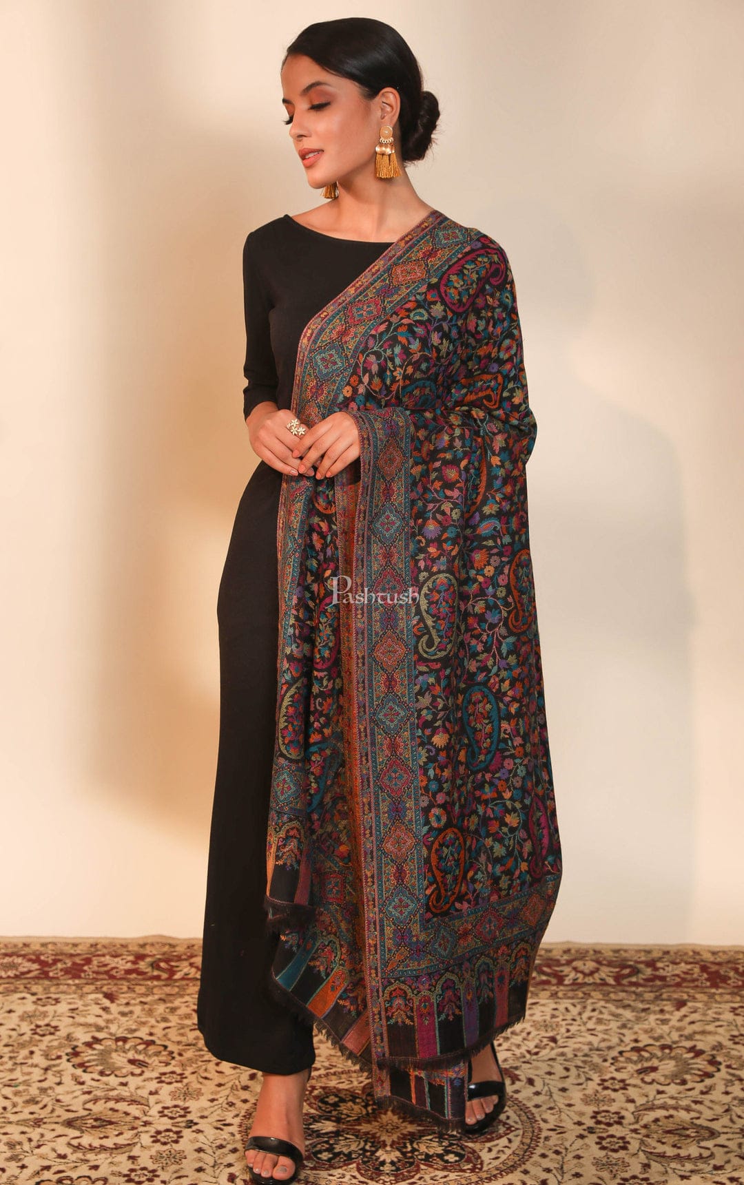 Pashtush India Gift Pack Pashtush His And Her Set Of 100% Pure Wool Shawls, Premium Gift Box Packaging, Beige and Black