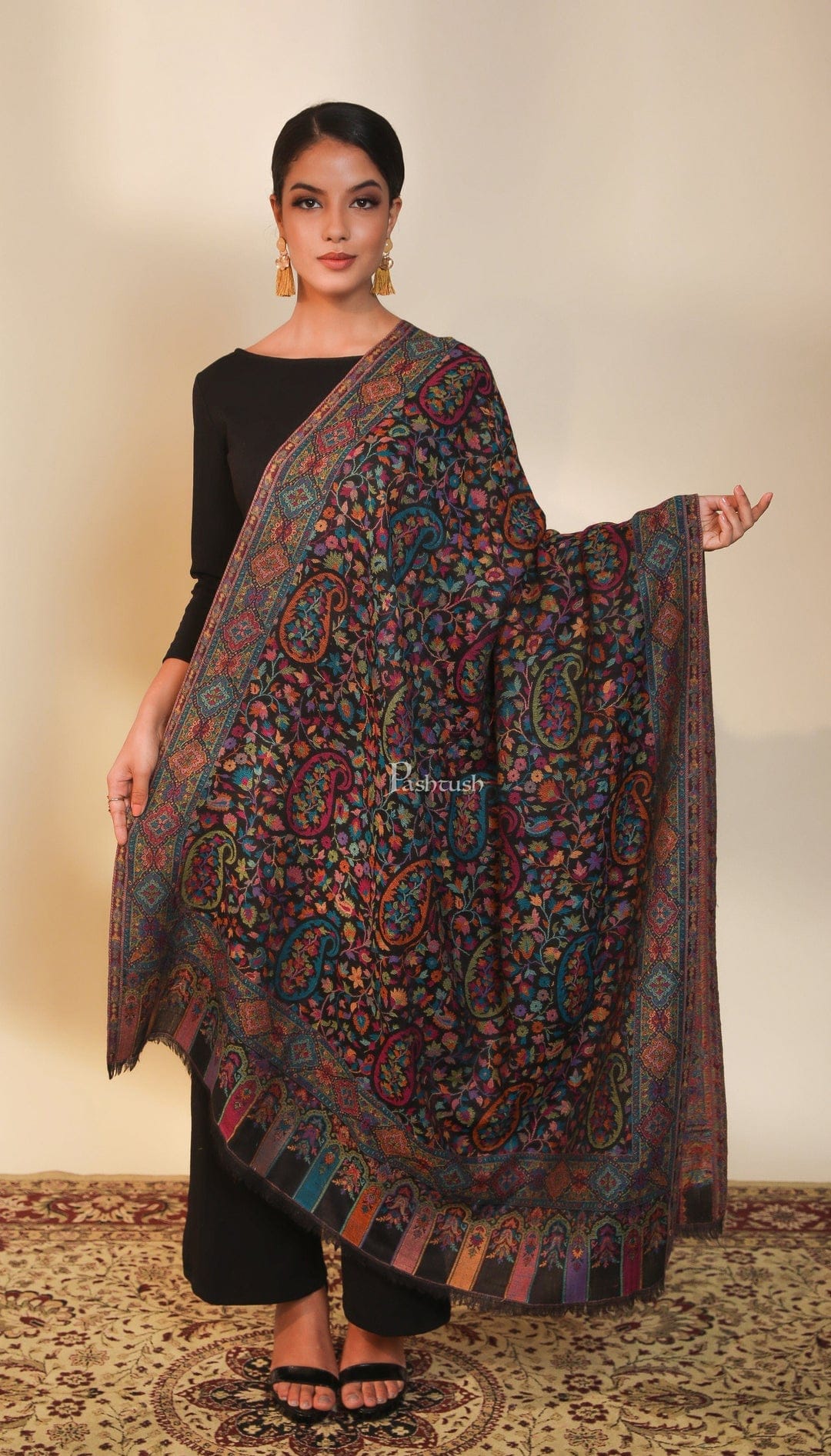 Pashtush India Gift Pack Pashtush His And Her Set Of 100% Pure Wool Shawls, Premium Gift Box Packaging, Beige and Black