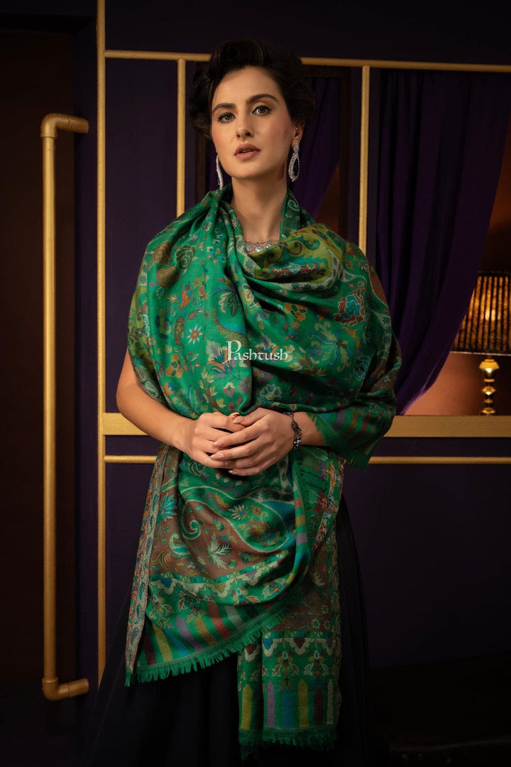 Pashtush India Gift Pack Pashtush His And Her Set Of 100% Pure Wool Shawls, Premium Gift Box Packaging, Beige and Emerald Green