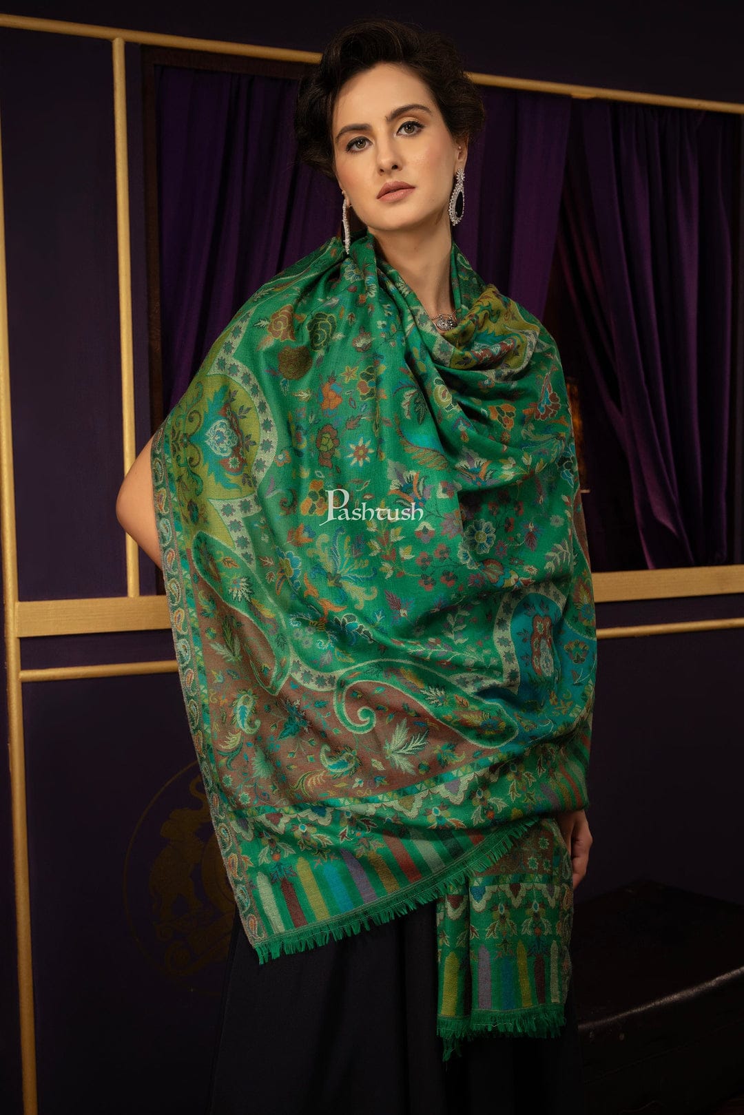 Pashtush India Gift Pack Pashtush His And Her Set Of 100% Pure Wool Shawls, Premium Gift Box Packaging, Beige and Emerald Green