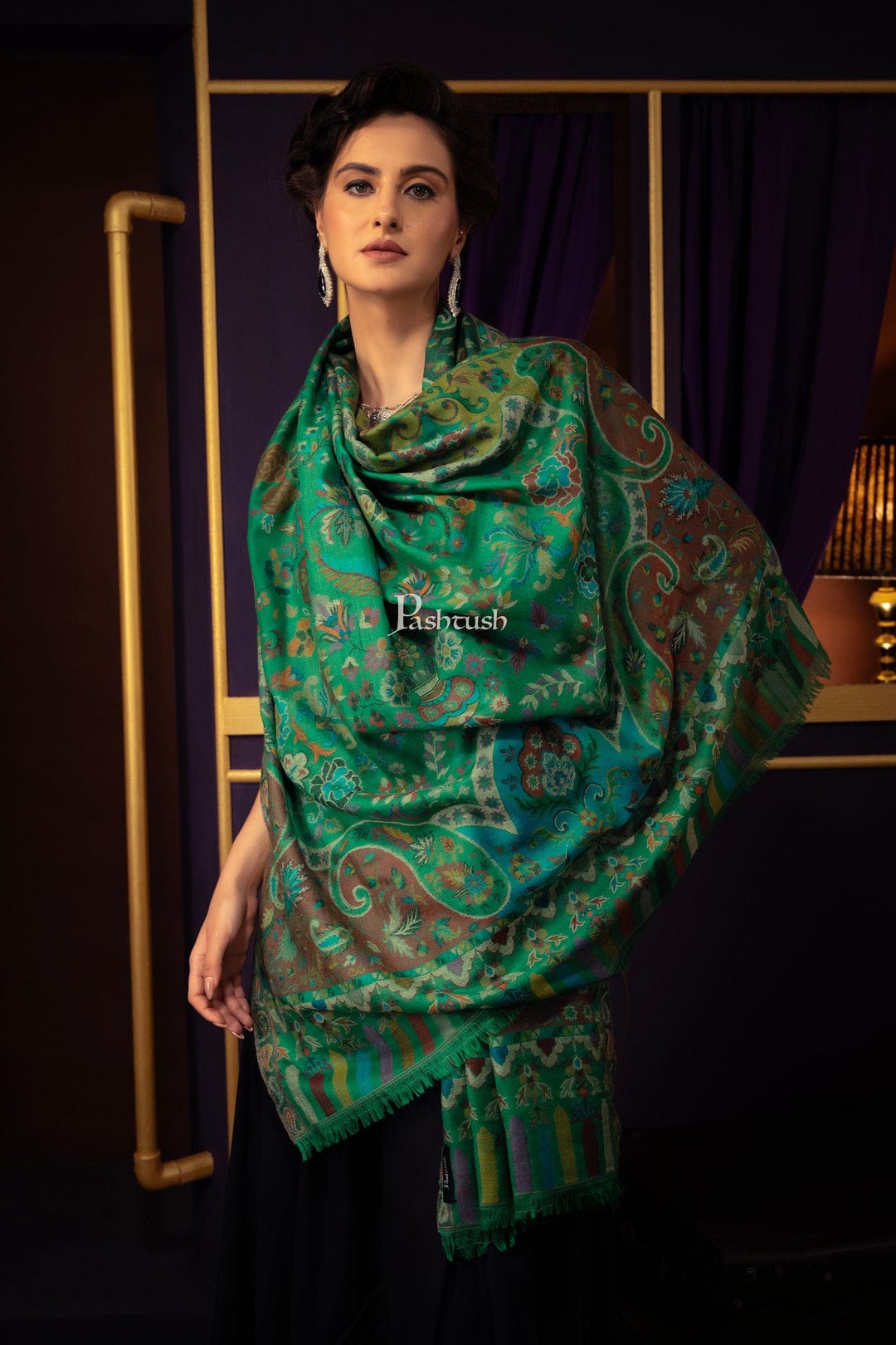 Pashtush India Gift Pack Pashtush His And Her Set Of 100% Pure Wool Shawls, Premium Gift Box Packaging, Beige and Emerald Green