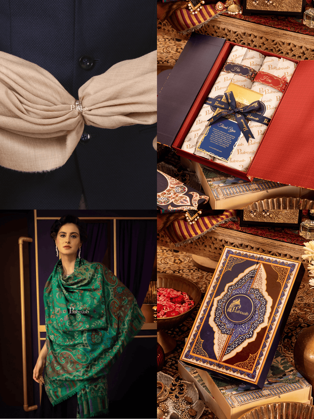 Pashtush India Gift Pack Pashtush His And Her Set Of 100% Pure Wool Shawls, Premium Gift Box Packaging, Beige and Emerald Green