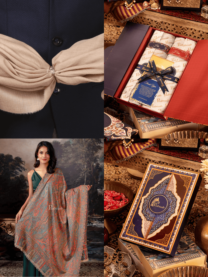 Pashtush India Gift Pack Pashtush His And Her Set Of 100% Pure Wool Shawls, Premium Gift Box Packaging, Beige and Multicolour