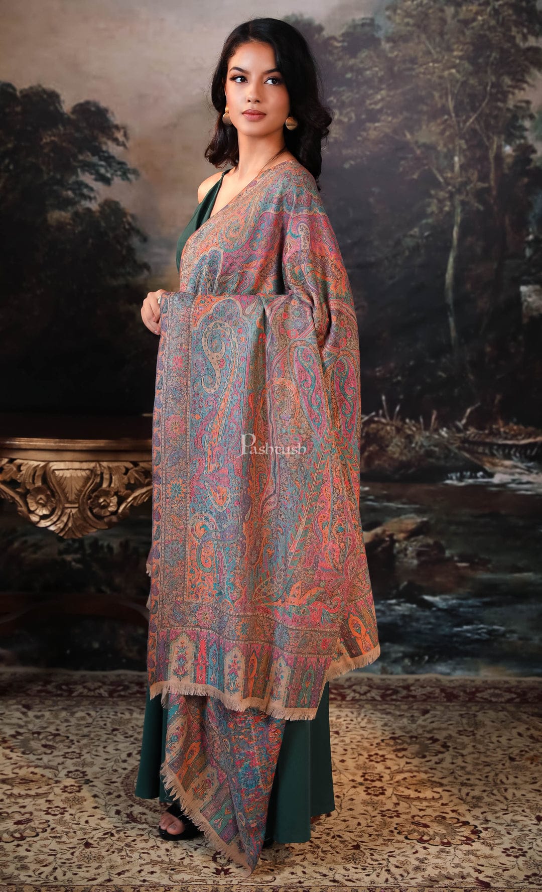 Pashtush India Gift Pack Pashtush His And Her Set Of 100% Pure Wool Shawls, Premium Gift Box Packaging, Beige and Multicolour