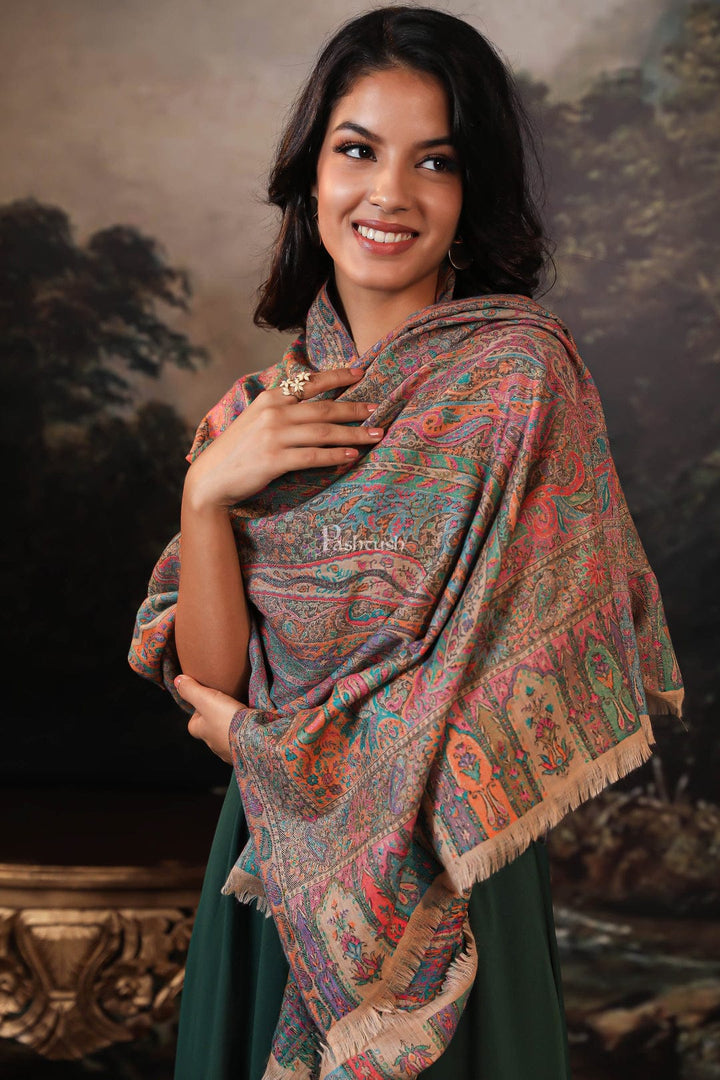 Pashtush India Gift Pack Pashtush His And Her Set Of 100% Pure Wool Shawls, Premium Gift Box Packaging, Beige and Multicolour