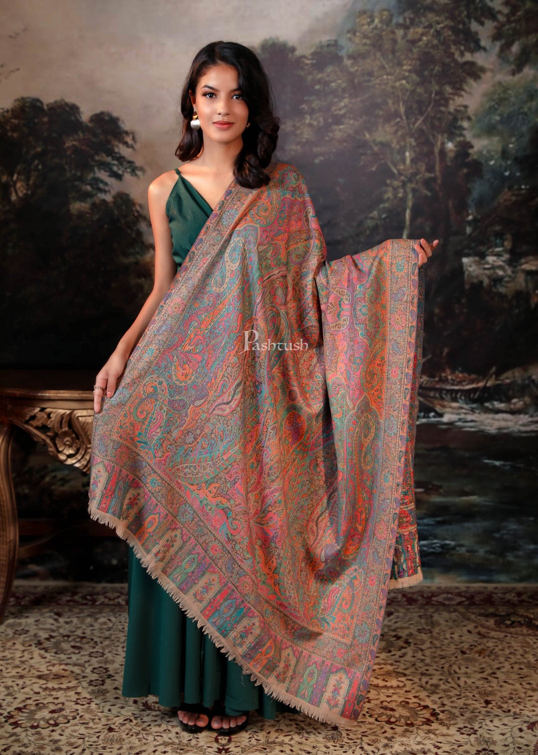 Pashtush India Gift Pack Pashtush His And Her Set Of 100% Pure Wool Shawls, Premium Gift Box Packaging, Beige and Multicolour