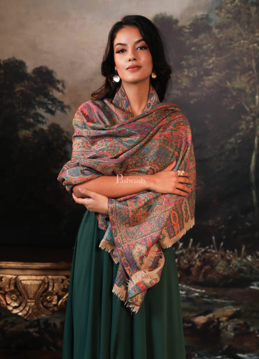 Pashtush India Gift Pack Pashtush His And Her Set Of 100% Pure Wool Shawls, Premium Gift Box Packaging, Beige and Multicolour