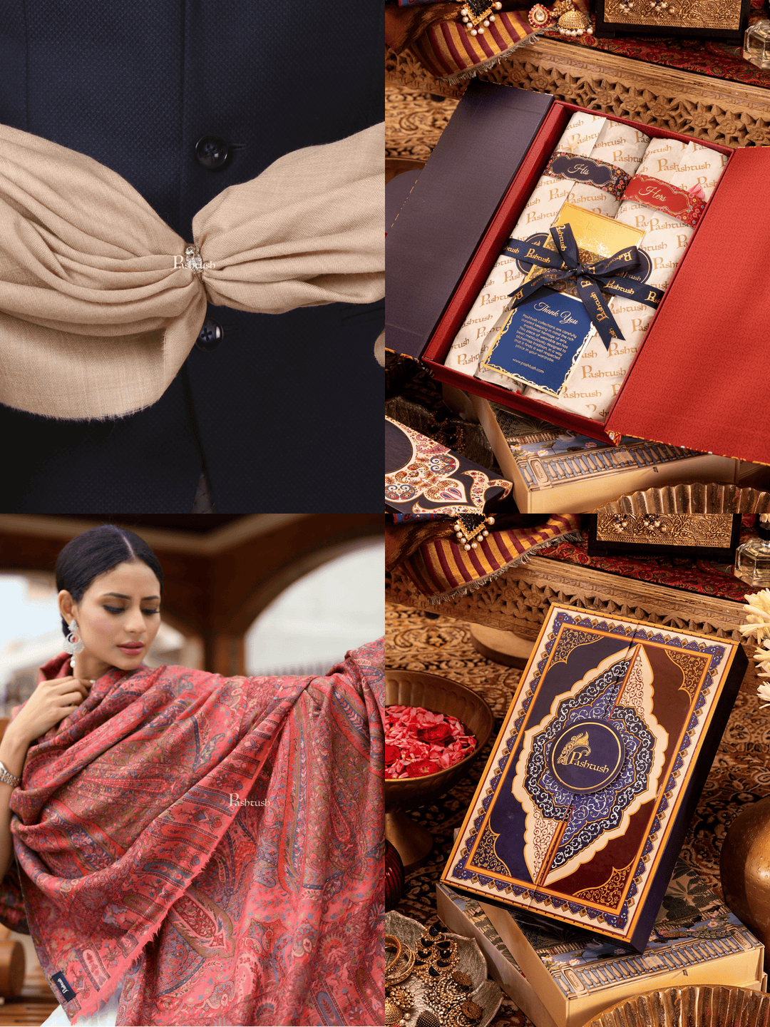 Pashtush India Gift Pack Pashtush His And Her Set Of 100% Pure Wool Shawls, Premium Gift Box Packaging, Beige and Rose