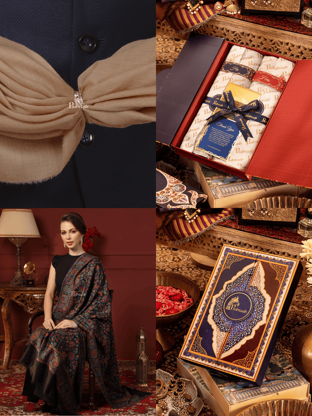 Pashtush India Gift Pack Pashtush His And Her Set Of 100% Pure Wool Shawls, Premium Gift Box Packaging, Taupe and Black