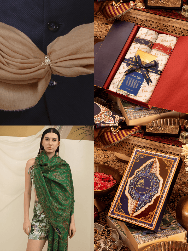Pashtush India Gift Pack Pashtush His And Her Set Of 100% Pure Wool Shawls, Premium Gift Box Packaging, Taupe and Green