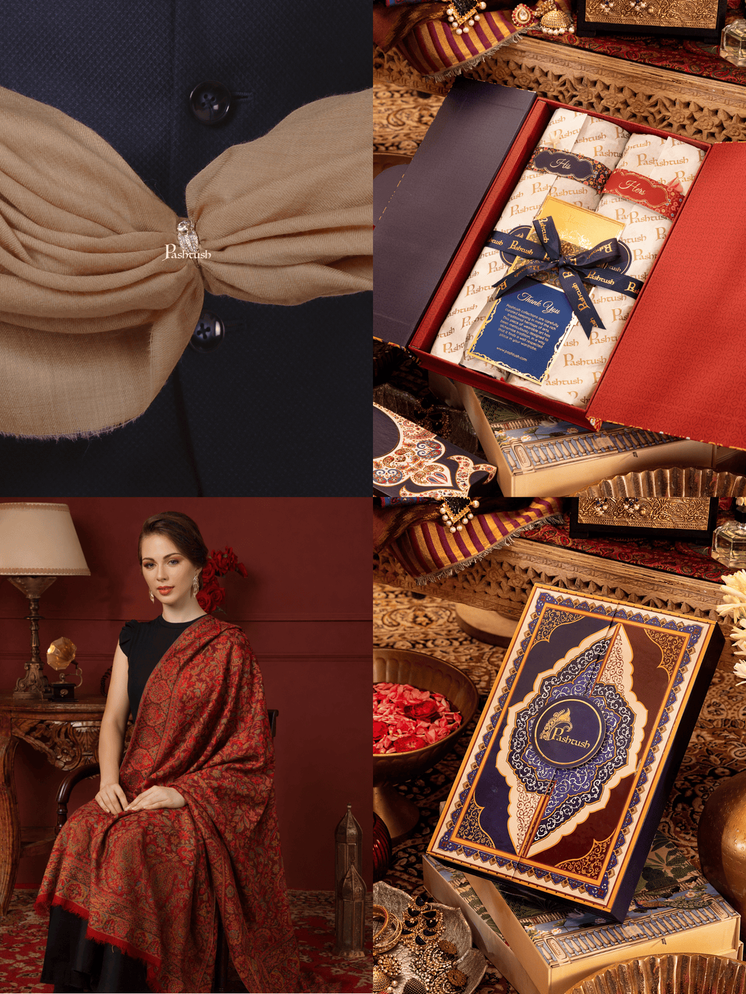 Pashtush India Gift Pack Pashtush His And Her Set Of 100% Pure Wool Shawls, Premium Gift Box Packaging, Taupe and Maroon
