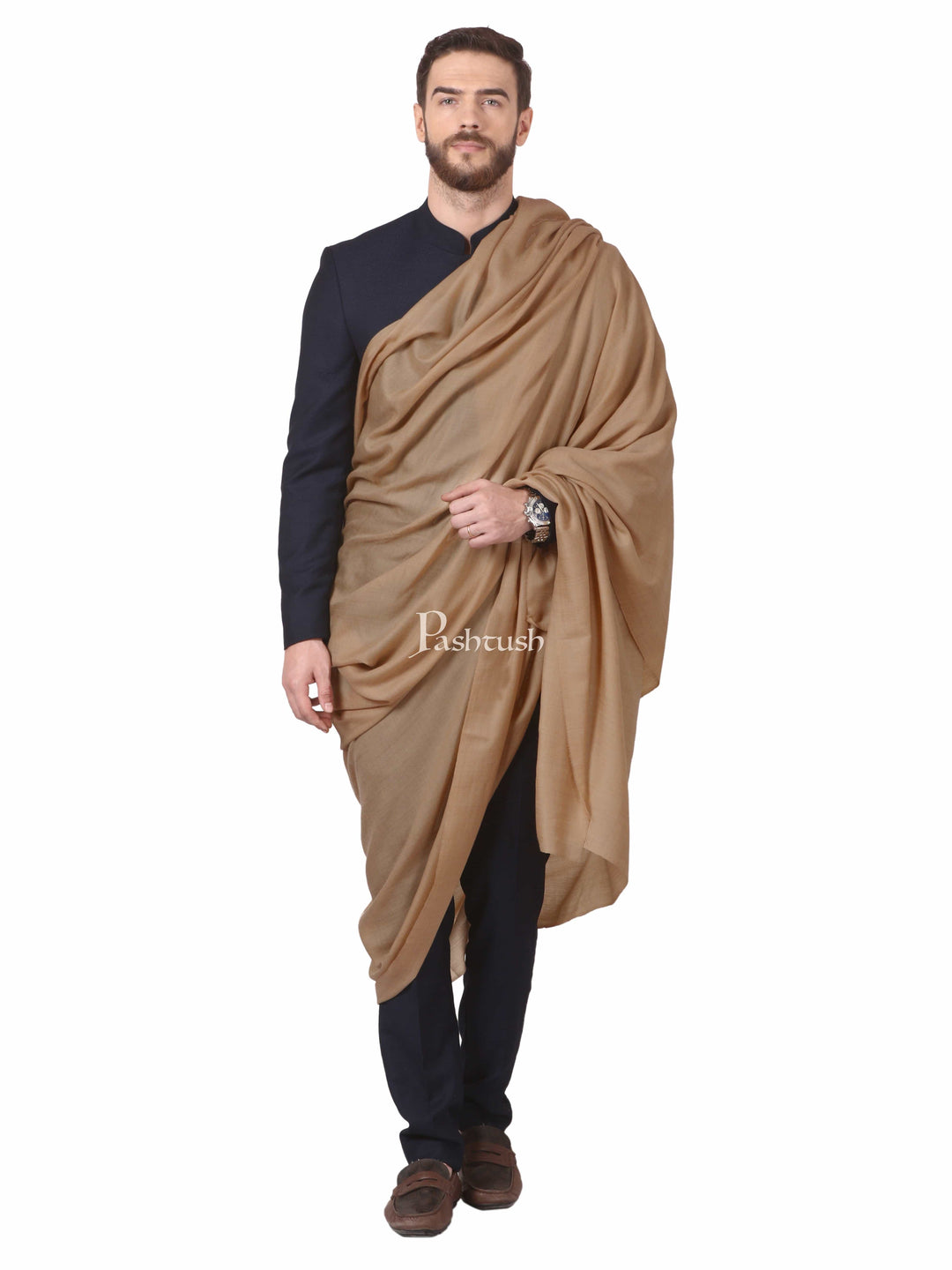 Pashtush India Gift Pack Pashtush His And Her Set Of 100% Pure Wool Shawls With Wooden Chester Box, Taupe and Black