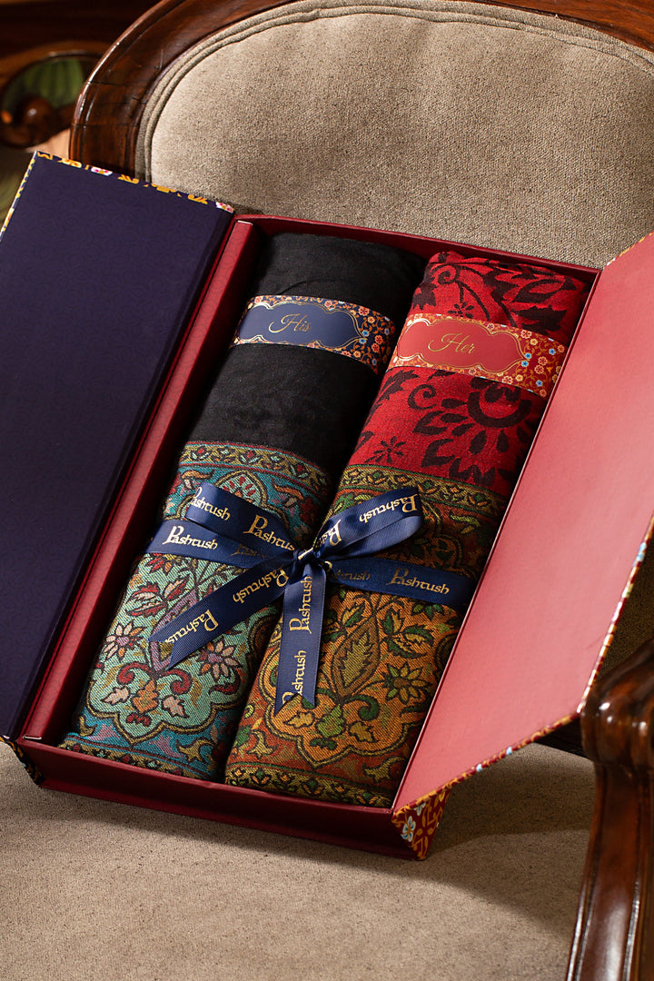 Pashtush India Gift Pack Pashtush His And Her Set Of Bamboo Stoles, Premium Gift Box Packaging, Black and Red