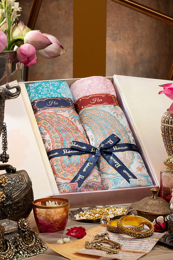 Pashtush India Gift Pack Pashtush His and Her Set of Bamboo Stoles, with Premium Gift Box Packaging, Woven Design, Soft Blue and Pink