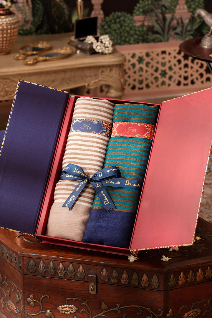 Pashtush India Gift Pack Pashtush His And Her Set Of Banded Twilight Stoles, Premium Gift Box Packaging, Ivory And Blue