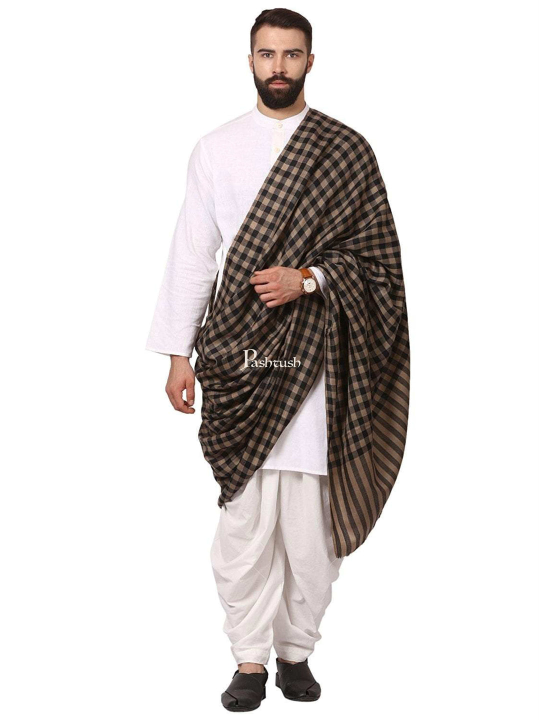 Pashtush India Gift Pack Pashtush His And Her Set Of Check Shawl and Ethnic Palla Shawl With Premium Gift Box Packaging, Black and Orange