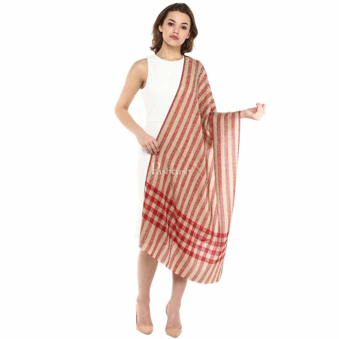 Pashtush India Gift Pack Pashtush His And Her Set Of Check Stripe Design Stoles, Premium Gift Box Packaging, Beige and Red