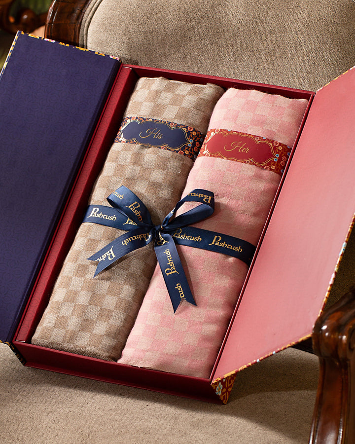 Pashtush India Gift Pack Pashtush His And Her Set Of Checkered Stoles, Premium Gift Box Packaging, Beige and Powder Pink