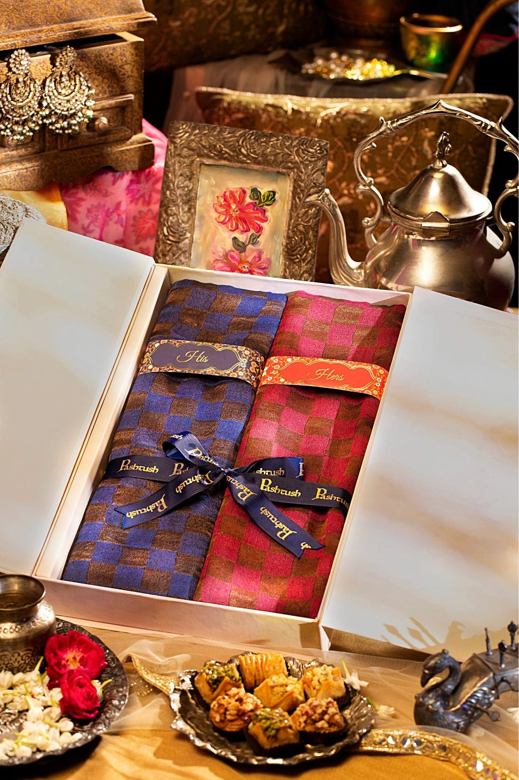 Pashtush India Gift Pack Pashtush His And Her Set Of Checkered Zari Weave Stoles With Premium Gift Box Packaging, Blue and Maroon