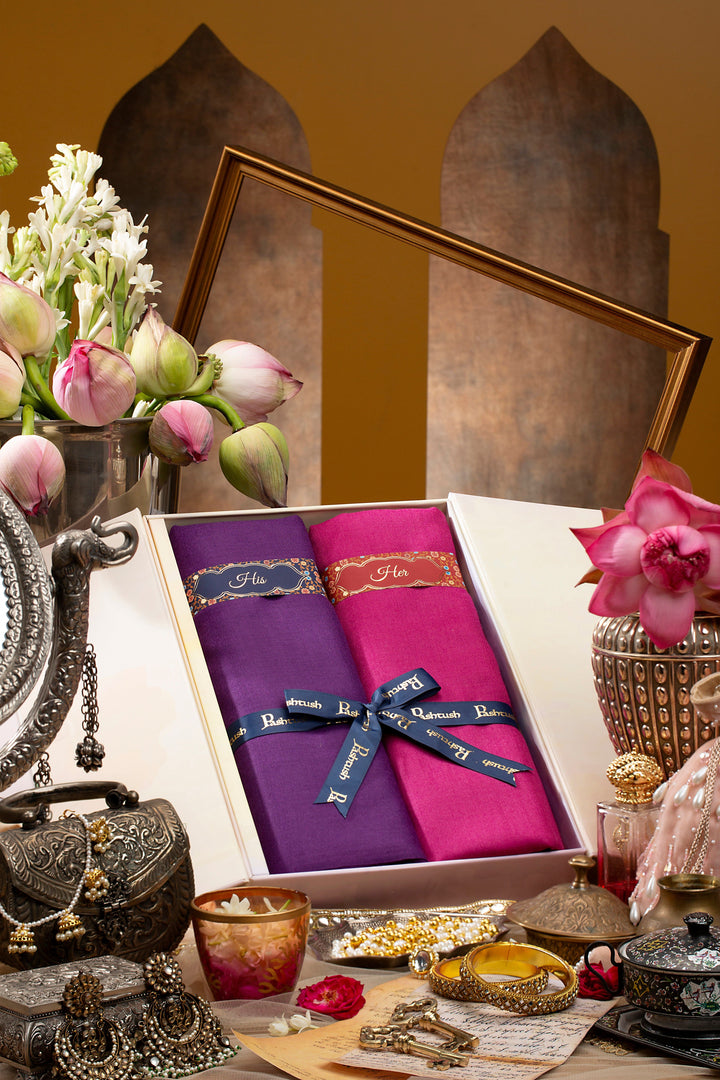 Pashtush India Gift Pack Pashtush His and Her Set of Extra Fine Wool Stoles With Premium Gift Box Packaging, Tyrian Purple and Majenta