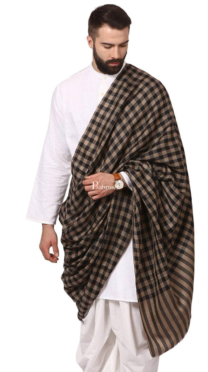 Pashtush India Gift Pack Pashtush His And Her Set Of Fine Wool Check Shawl and Ethnic Weave Palla Shawl With Premium Gift Box Packaging, Black