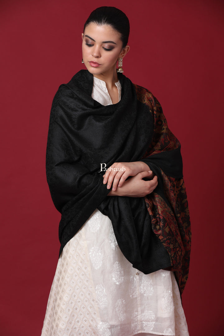 Pashtush India Gift Pack Pashtush His And Her Set Of Fine Wool Check Shawl and Ethnic Weave Palla Shawl With Premium Gift Box Packaging, Black