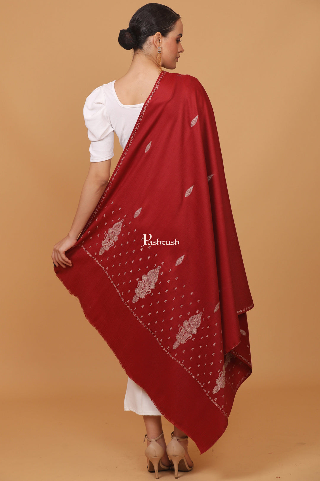 Pashtush India Gift Pack Pashtush His And Her Set Of Fine Wool Checkered Stole and Embroidery Shawl With Premium Gift Box Packaging, Red and Maroon