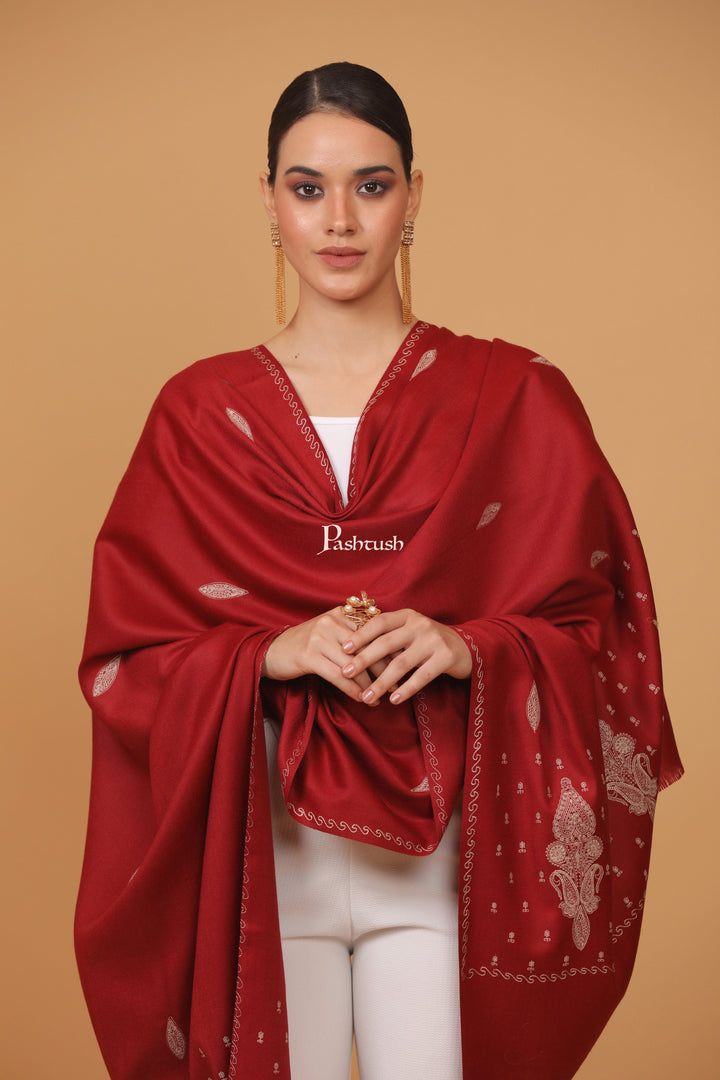 Pashtush India Gift Pack Pashtush His And Her Set Of Fine Wool Checkered Stole and Embroidery Shawl With Premium Gift Box Packaging, Red and Maroon