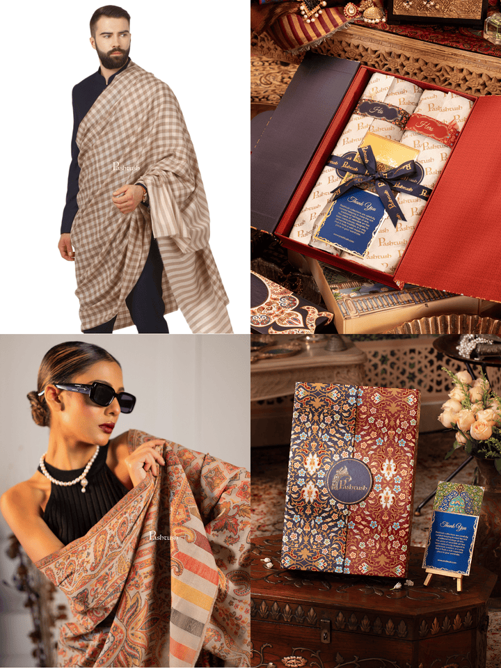 Pashtush India Gift Pack Pashtush His And Her Set Of Fine Wool Mens Shawl and Womens Stole, Premium Gift Box Packaging, Beige