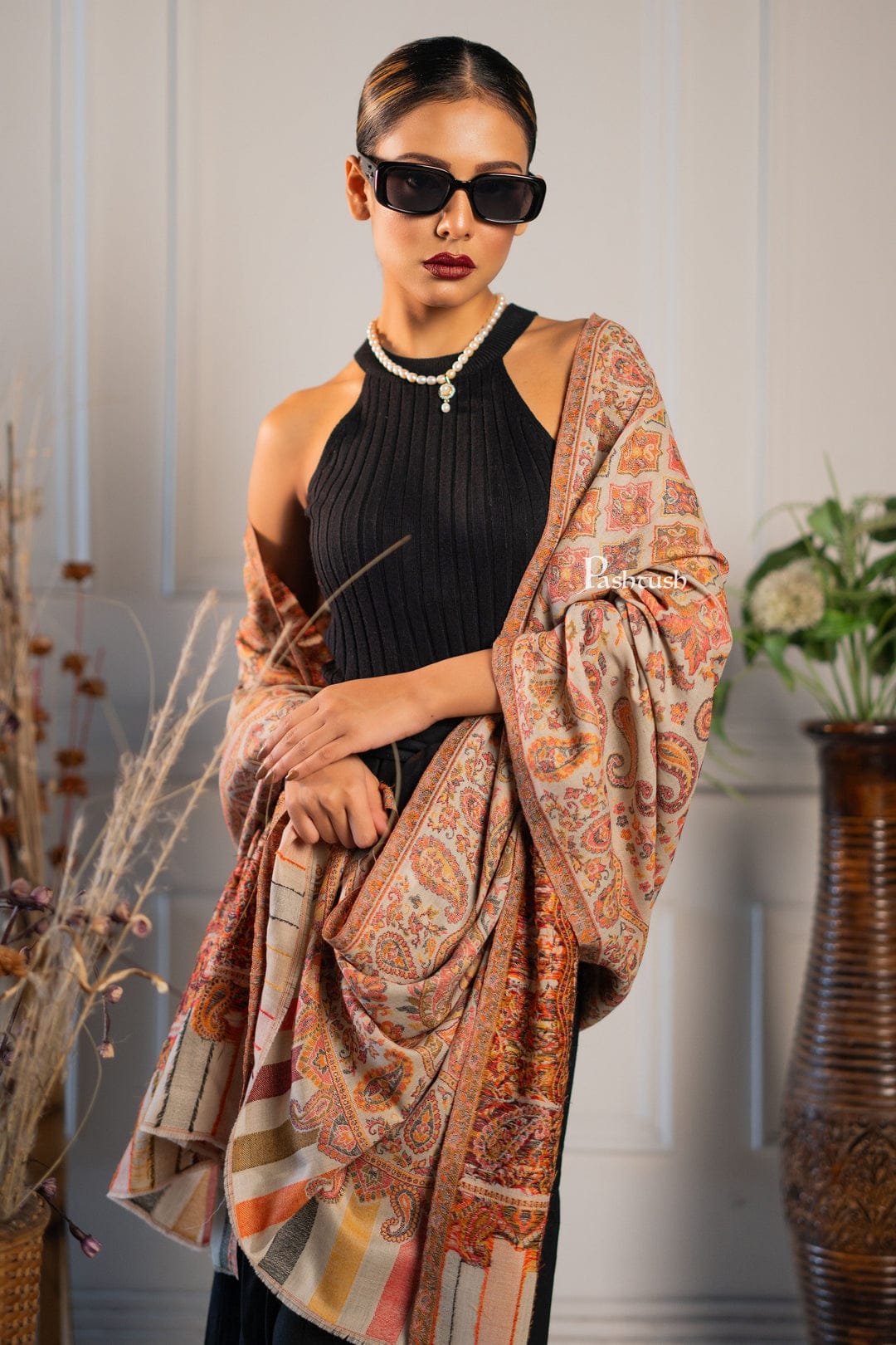 Pashtush India Gift Pack Pashtush His And Her Set Of Fine Wool Mens Shawl and Womens Stole, Premium Gift Box Packaging, Beige