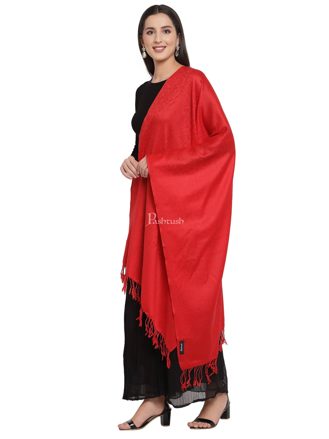 Pashtush India Gift Pack Pashtush His And Her Set Of Fine Wool Self Stoles With Premium Gift Box Packaging, Black and Scarlet Red