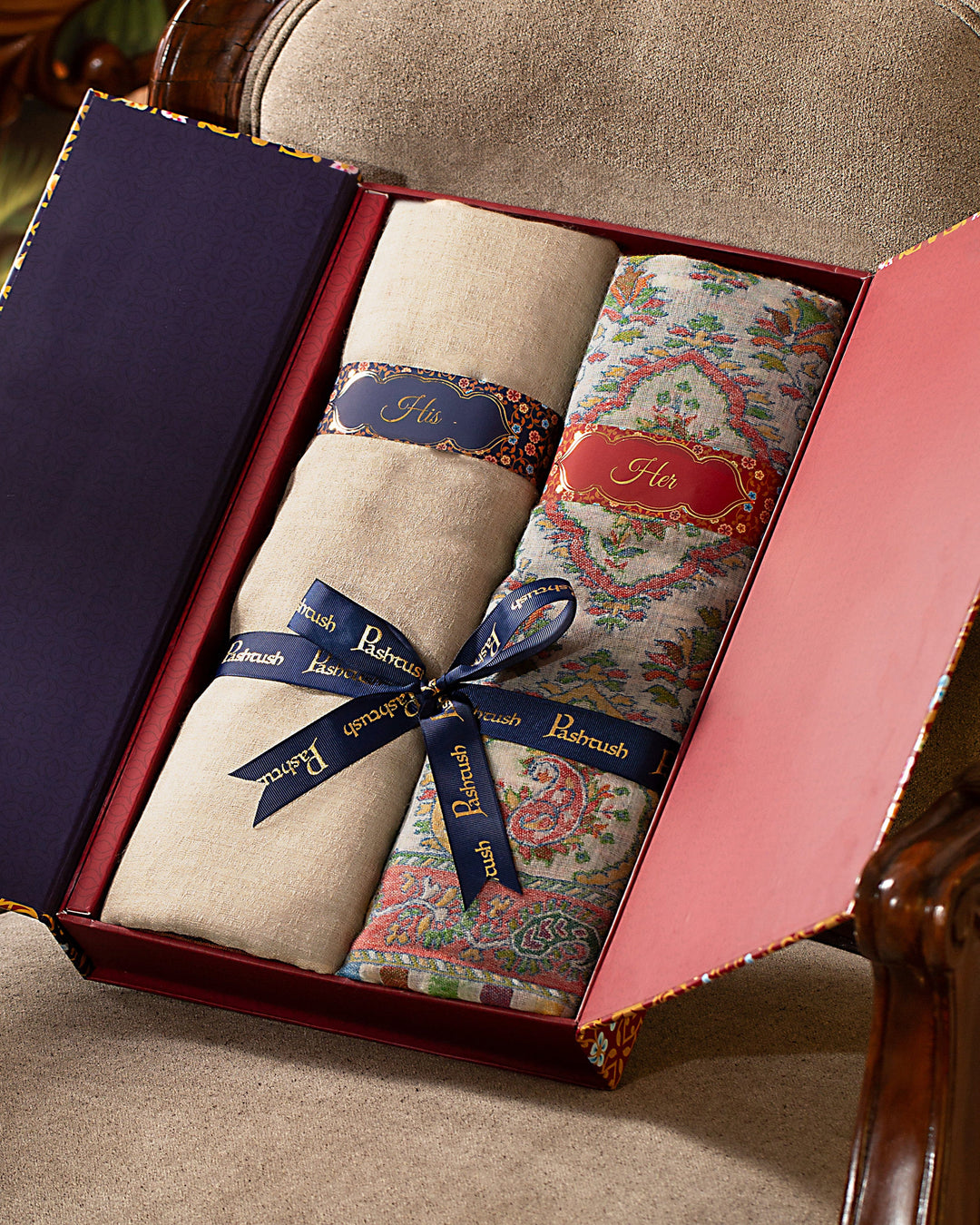 Pashtush India Gift Pack Pashtush His And Her Set Of Fine Wool Shawl and Woolmark Stole, Premium Gift Box Packaging