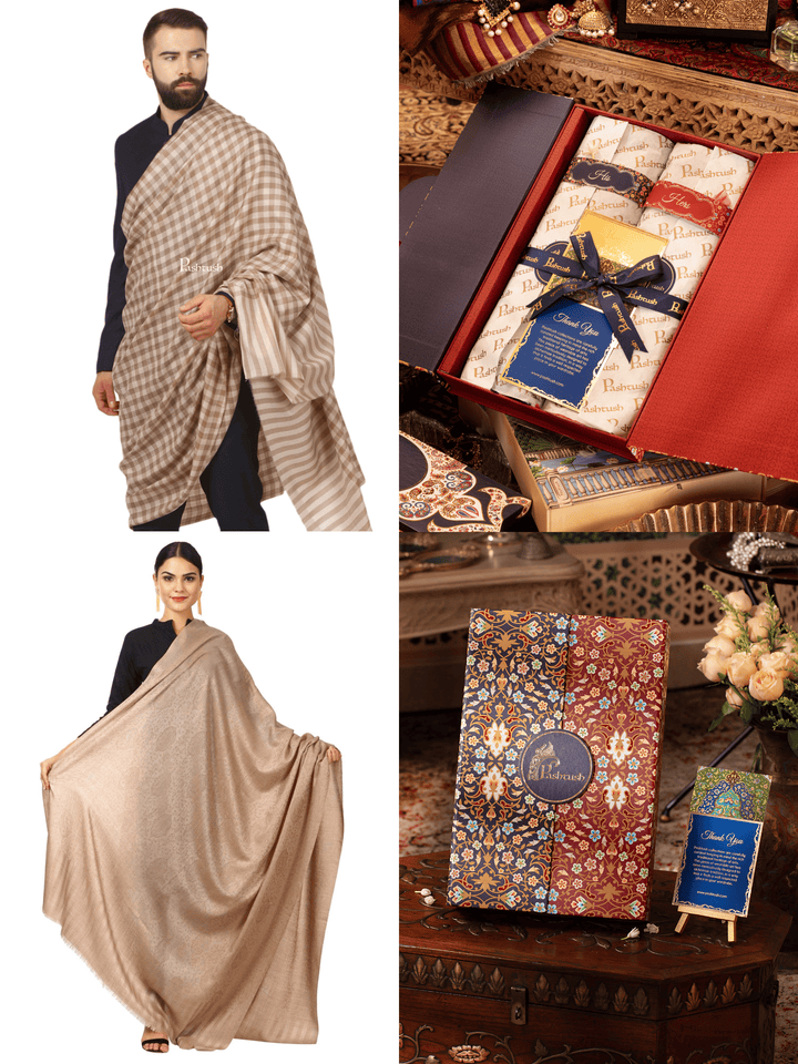 Pashtush India Gift Pack Pashtush His And Her Set Of Fine Wool Shawls, Premium Gift Box Packaging, Beige