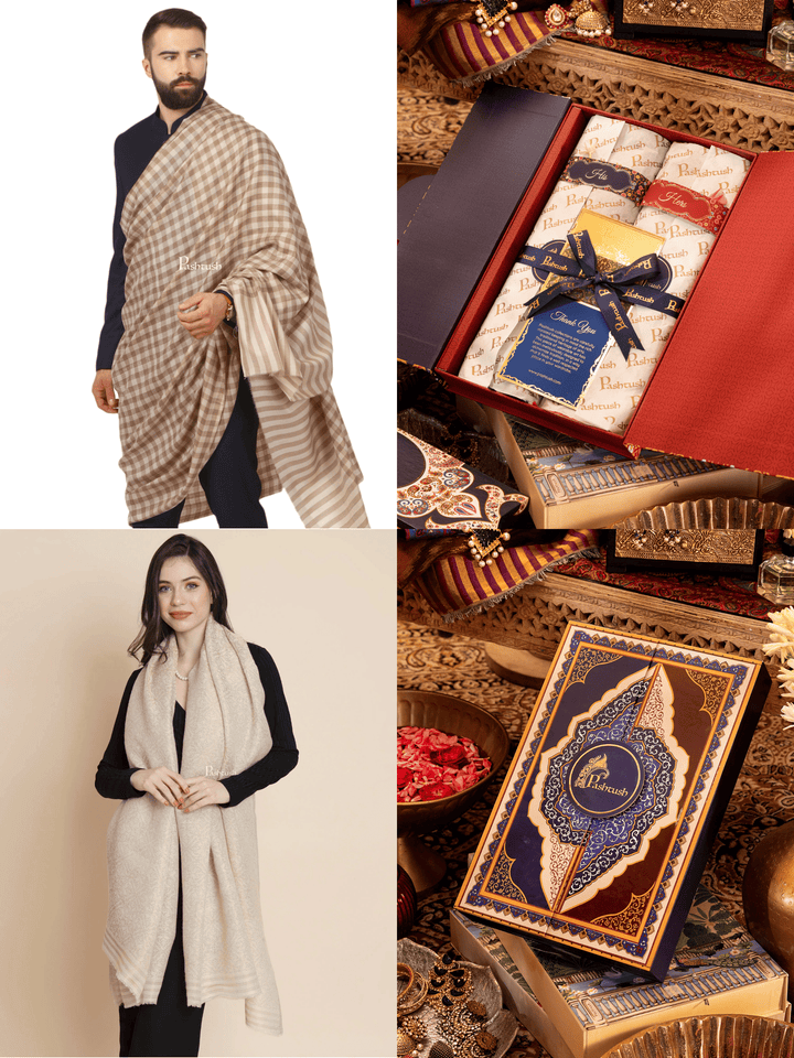 Pashtush India Gift Pack Pashtush His And Her Set Of Fine Wool Shawls, Premium Gift Box Packaging, Beige and Ivory