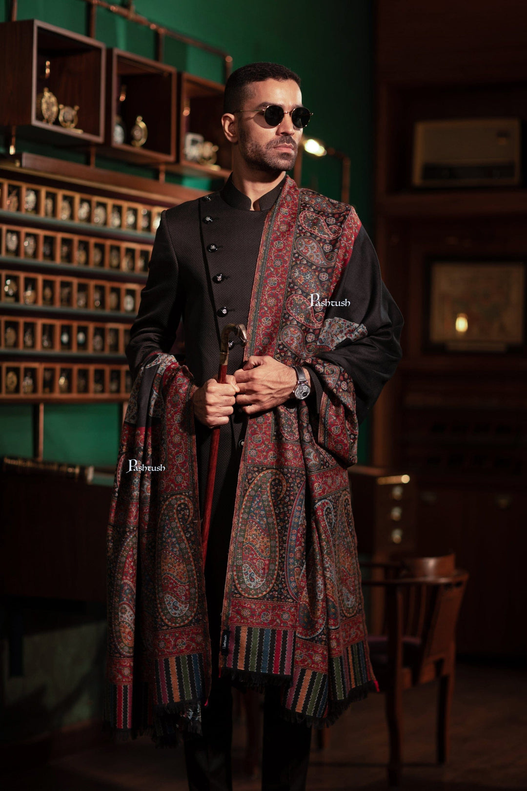 Pashtush India Gift Pack Pashtush His And Her Set Of Fine Wool Shawls, Premium Gift Box Packaging, Black and Beige