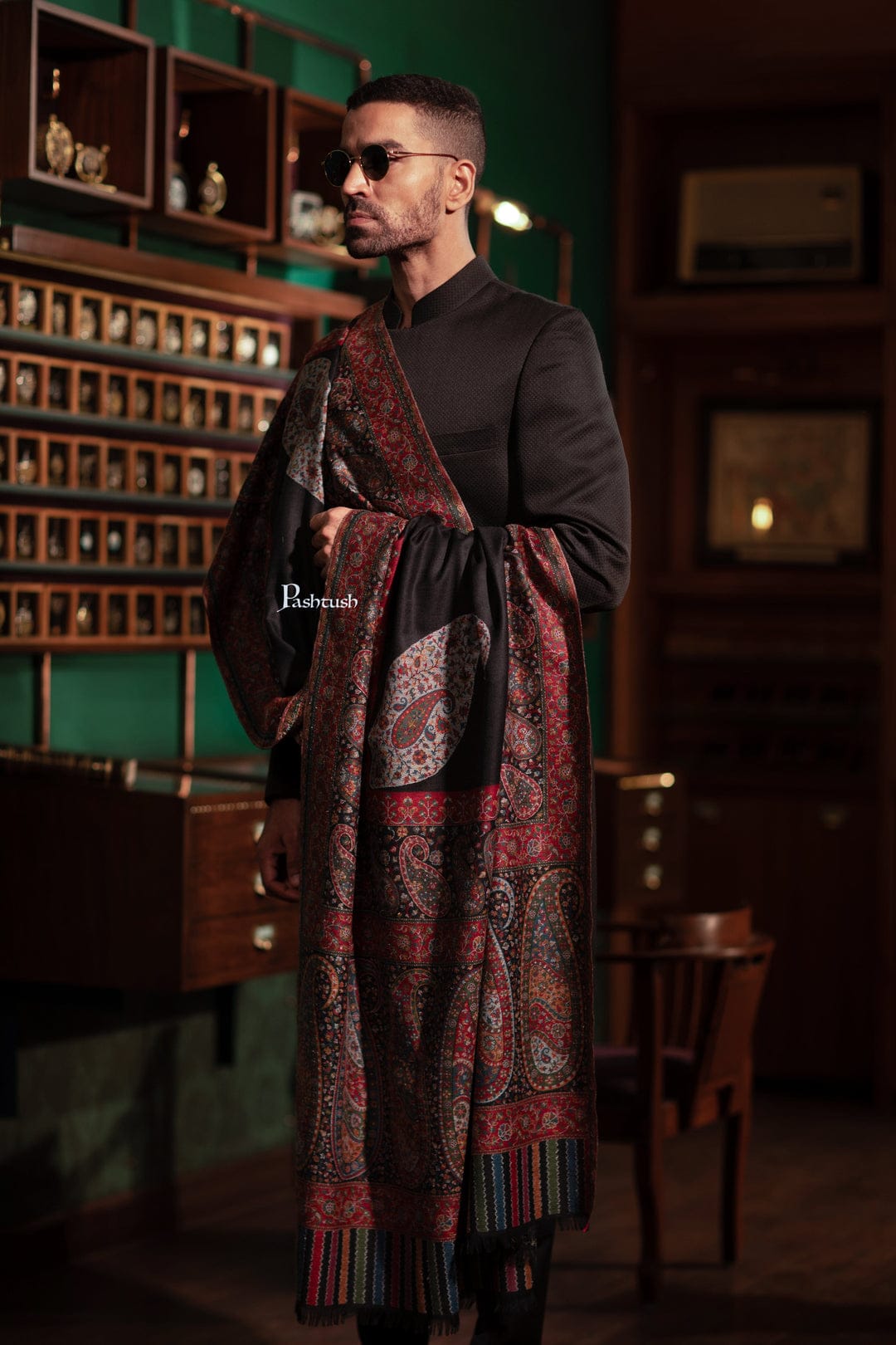 Pashtush India Gift Pack Pashtush His And Her Set Of Fine Wool Shawls, Premium Gift Box Packaging, Black and Beige