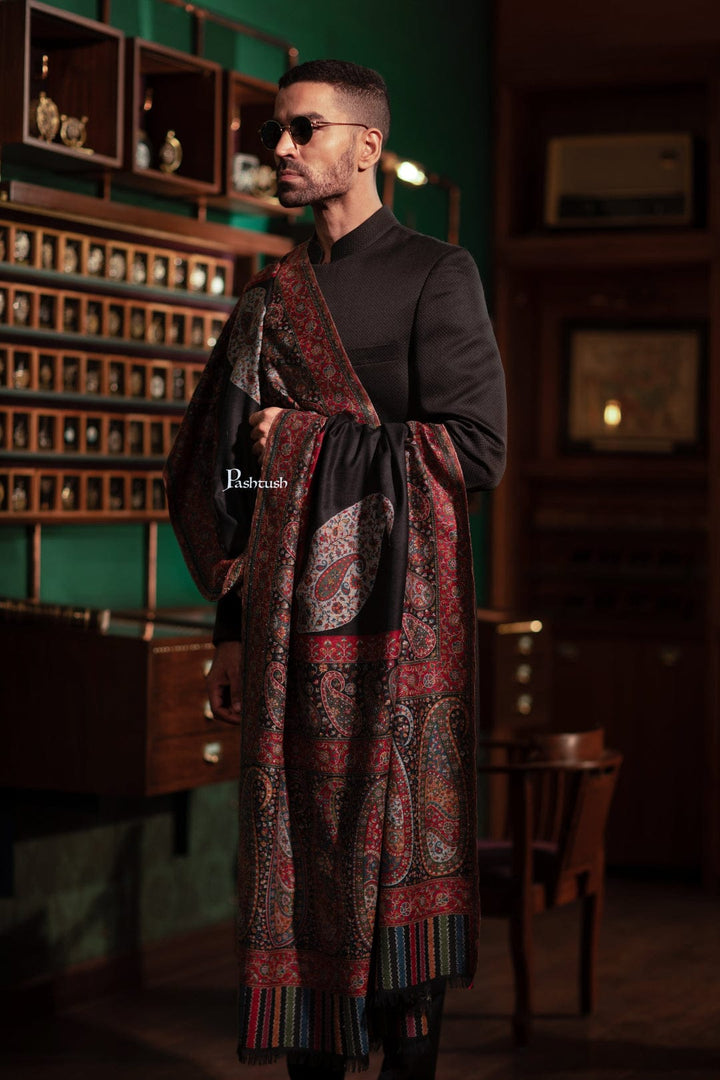 Pashtush India Gift Pack Pashtush His And Her Set Of Fine Wool Shawls, Premium Gift Box Packaging, Black and Beige