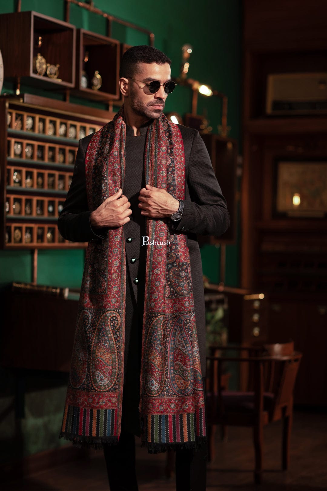 Pashtush India Gift Pack Pashtush His And Her Set Of Fine Wool Shawls, Premium Gift Box Packaging, Black and Beige