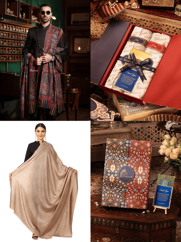 Pashtush India Gift Pack Pashtush His And Her Set Of Fine Wool Shawls, Premium Gift Box Packaging, Black and Beige