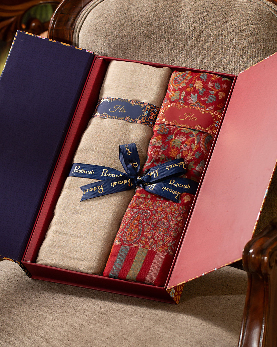 Pashtush India Gift Pack Pashtush His And Her Set Of Fine Wool Shawls, Premium Gift Box Packaging, Taupe and Maroon