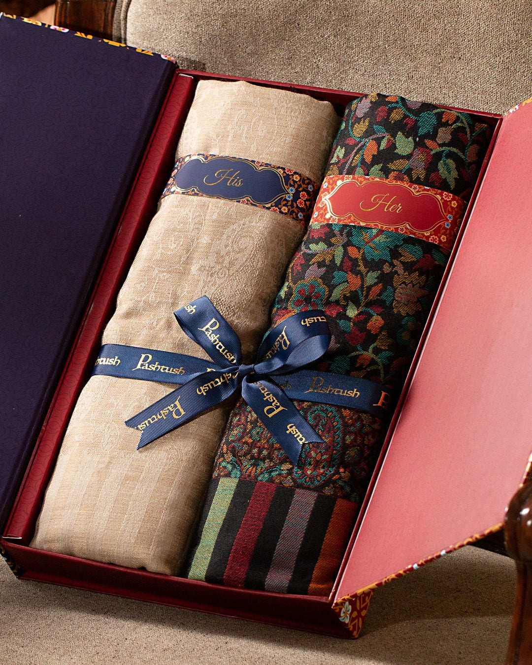 Pashtush India Gift Pack Pashtush His and Her set of Fine Wool Shawls, With Premium Gift Box, Beige and Multicolour