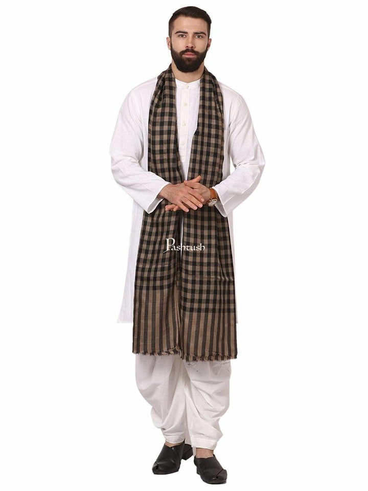 Pashtush India Gift Pack Pashtush His and Her set of Fine Wool Shawls, With Premium Gift Box, Checkered Beige and Black