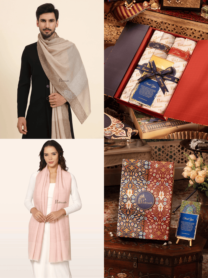 Pashtush India Gift Pack Pashtush His And Her Set Of Fine Wool Stoles , Premium Gift Box Packaging, Beige and Pink