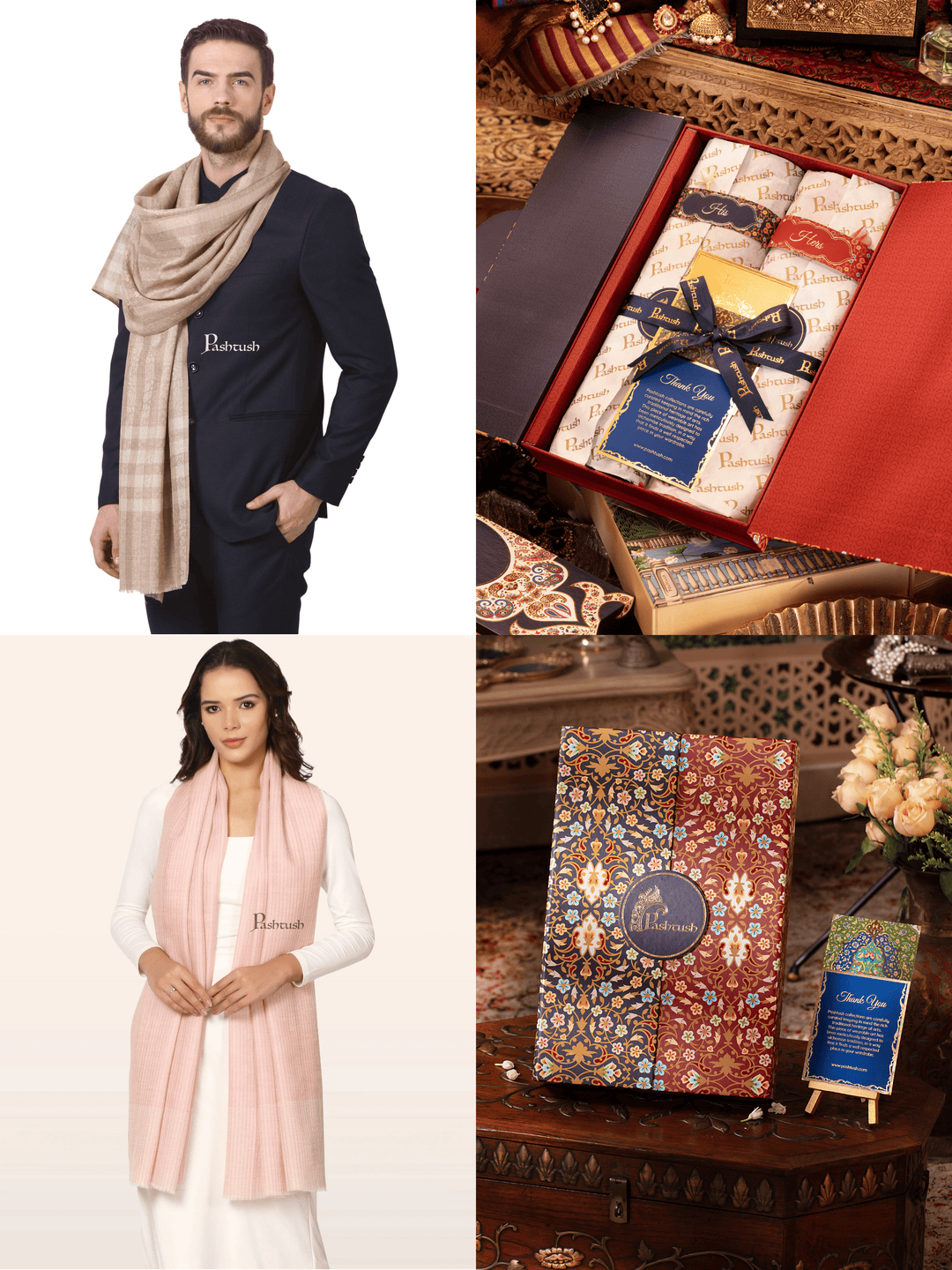 Pashtush India Gift Pack Pashtush His And Her Set Of Fine Wool Stoles , Premium Gift Box Packaging, Beige and Pink