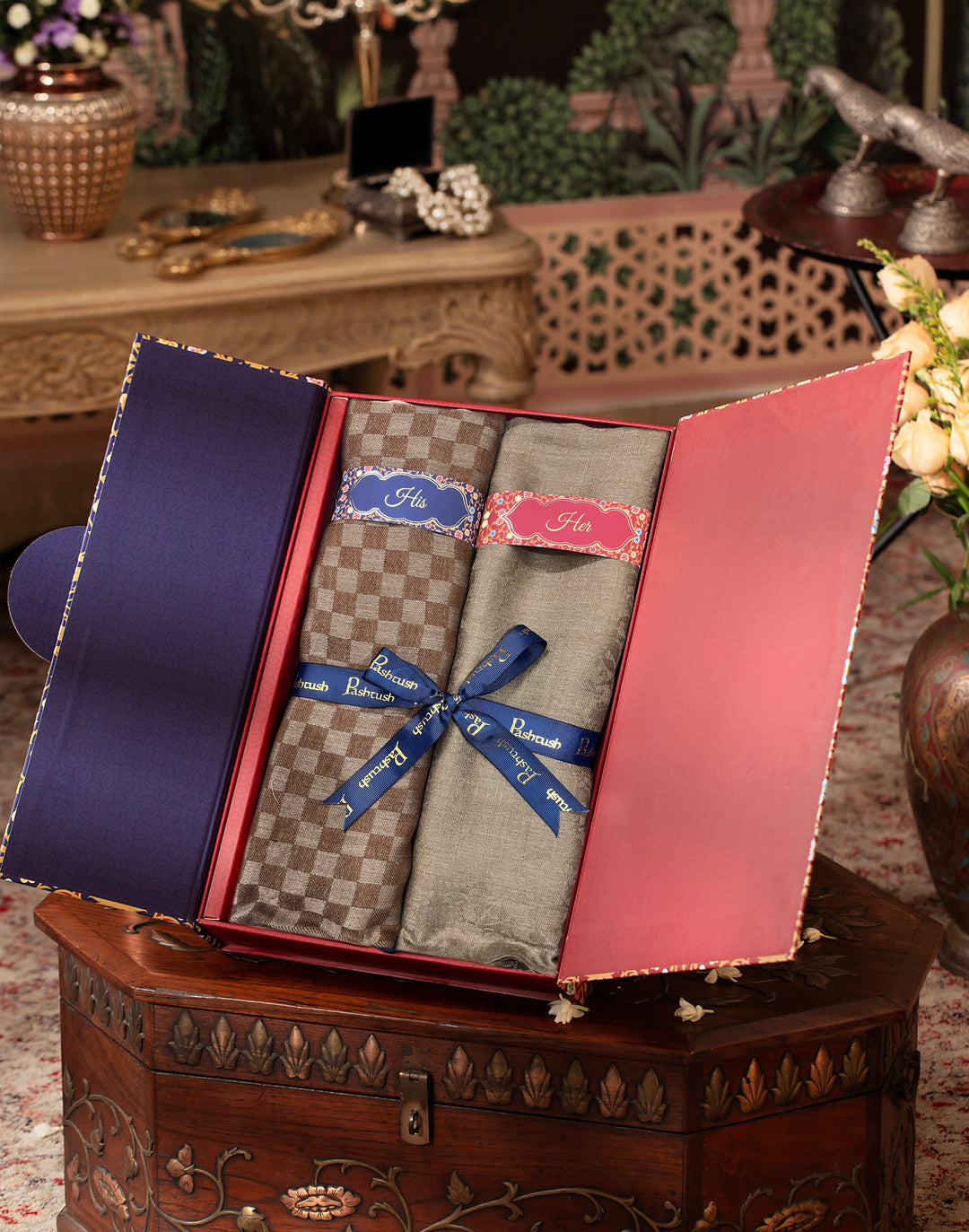 Pashtush India Gift Pack Pashtush His And Her Set Of Fine Wool Stoles, Premium Gift Box Packaging, Coffee and Beige