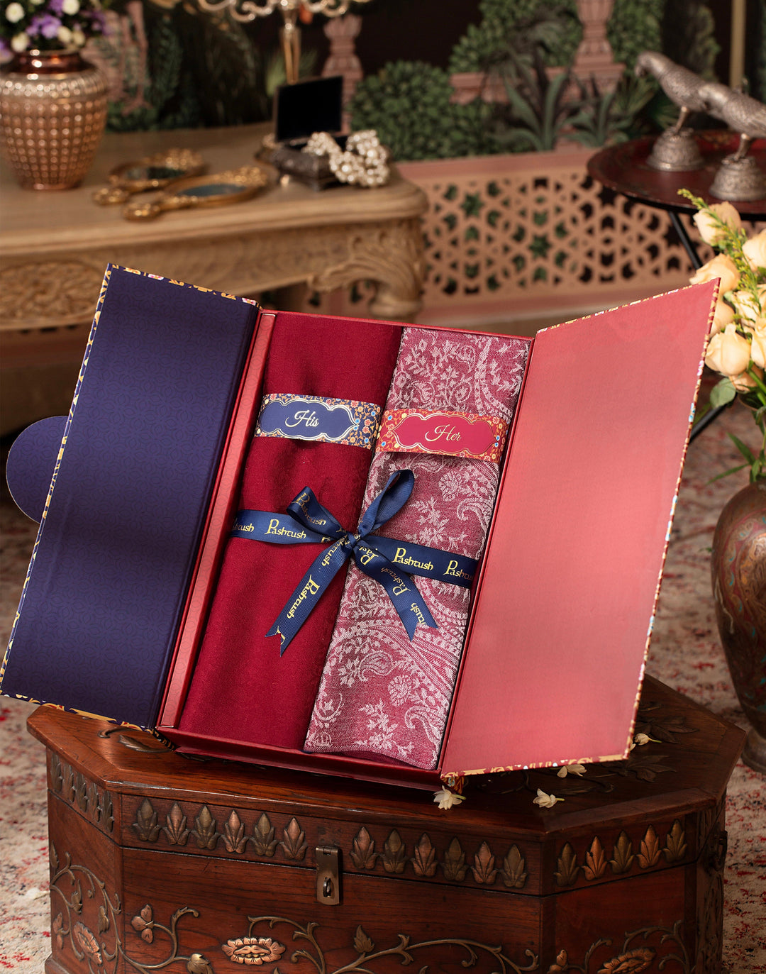 Pashtush India Gift Pack Pashtush His And Her Set Of Fine Wool Stoles, Premium Gift Box Packaging, Maroon and Pink