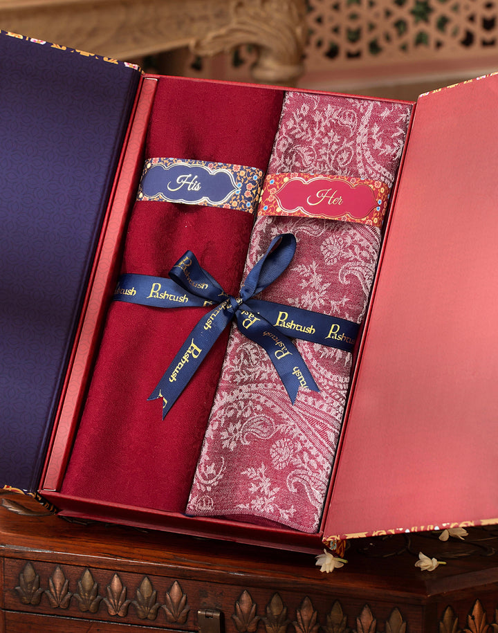 Pashtush India Gift Pack Pashtush His And Her Set Of Fine Wool Stoles, Premium Gift Box Packaging, Maroon and Pink